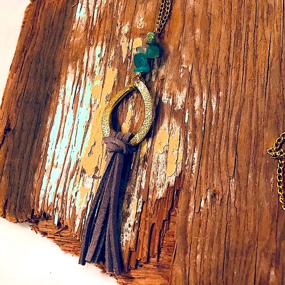 ✨Handmade Set ✨ New Earrings + Bracelet + Necklace Green Stone Leather Gold Aqua - Picture 3 of 4